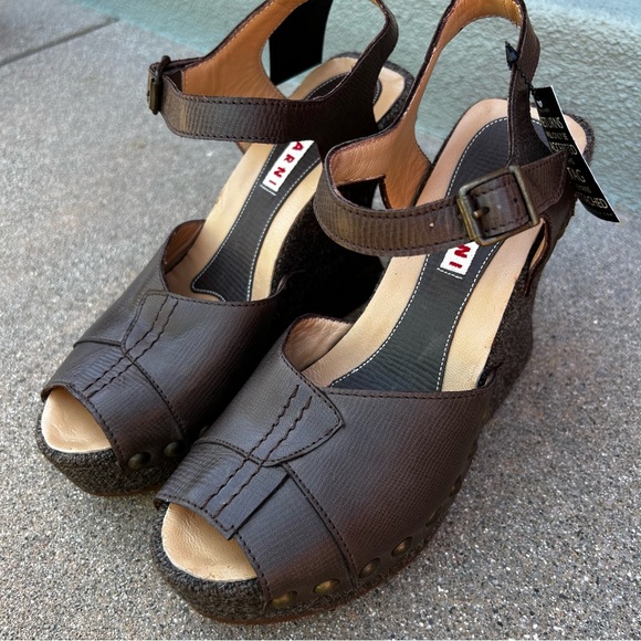 NWT $995~MARNI~Brown Leather/Tweed Peep-Toe Platform Wedge Heel Sandals~6.5/7/37 - Picture 5 of 13